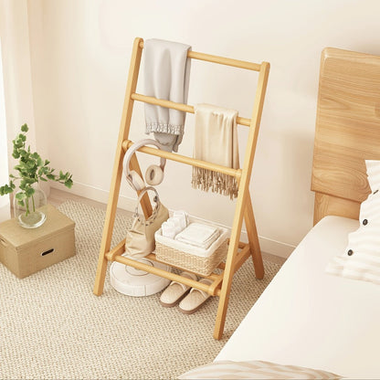 Bamboo Drying Rack 3 Tier Foldable with Storage Box - Space Saving Freestanding Clothes Hanger for Apartment, Bedroom, Bathroom & Balcony, Compact Laundry Rack for Small Spaces | Natural Burlywood