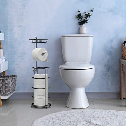 Toilet Paper Holder Floor Standing with Shelf 4-Roll Storage Rack Freestanding Bathroom Paper Organizer for Bathroom Bedroom Balcony Courtyard Black 1 or 2 Pack