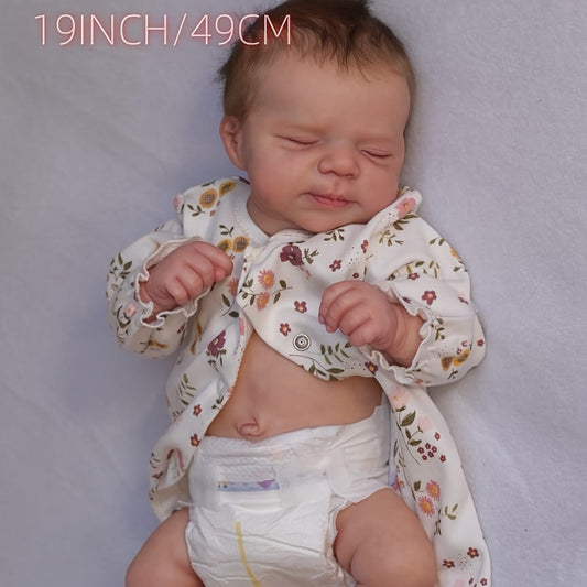 Reborn Doll, 19-Inch Full-Vinyl Sleeping Figure with Hand-Rooted Hair and Floral Outfit Set