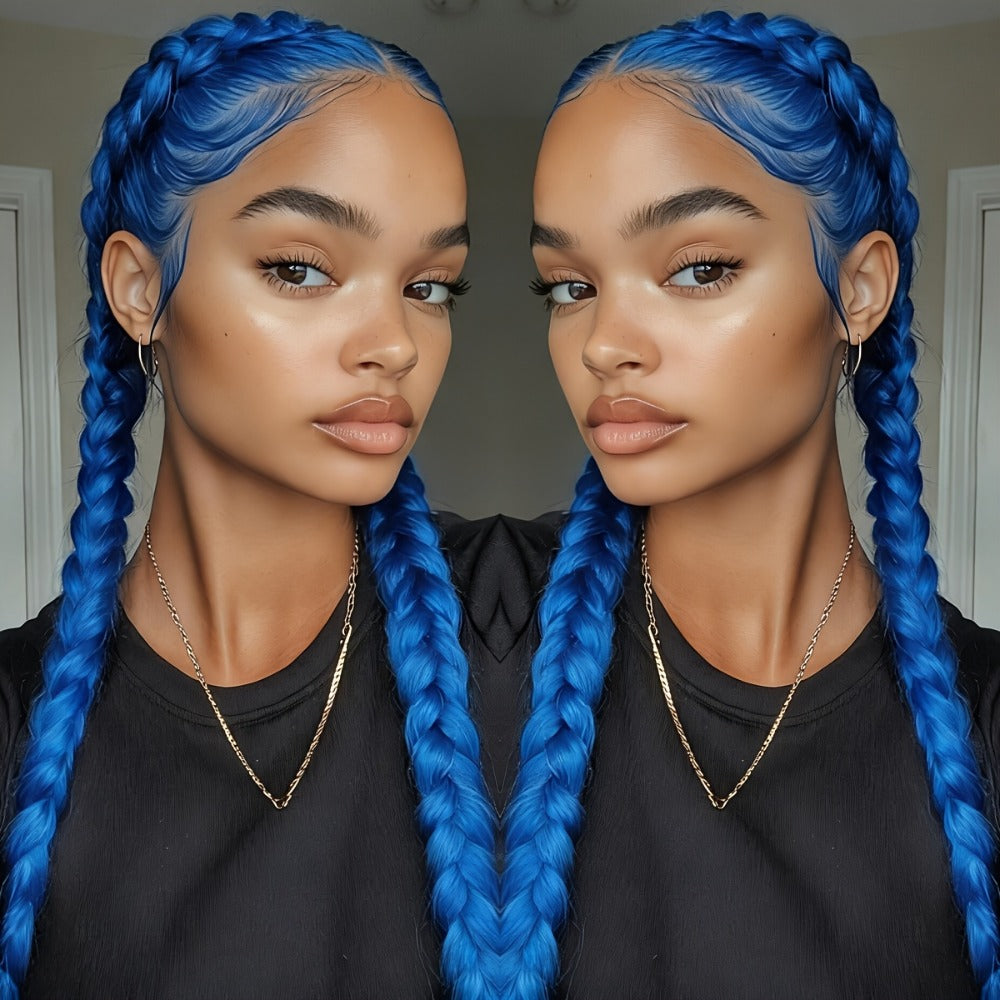 13x4 Braided Lace Front Wig for Women 26 Inch 250% Density — Synthetic Braid Wig with Baby Hair, Rainbow Colors Blue Pink Yellow 613 Black, Heat Resistant for Party Cosplay