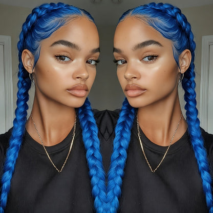 13x4 Braided Lace Front Wig for Women 26 Inch 250% Density — Synthetic Braid Wig with Baby Hair, Rainbow Colors Blue Pink Yellow 613 Black, Heat Resistant for Party Cosplay