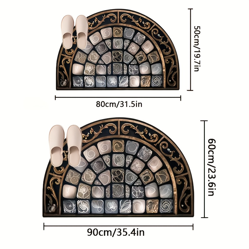 Half-Round Door Mat with Stone Mosaic and Scroll Print in 50 x 80cm or 60 x 90cm Entryway Sizes