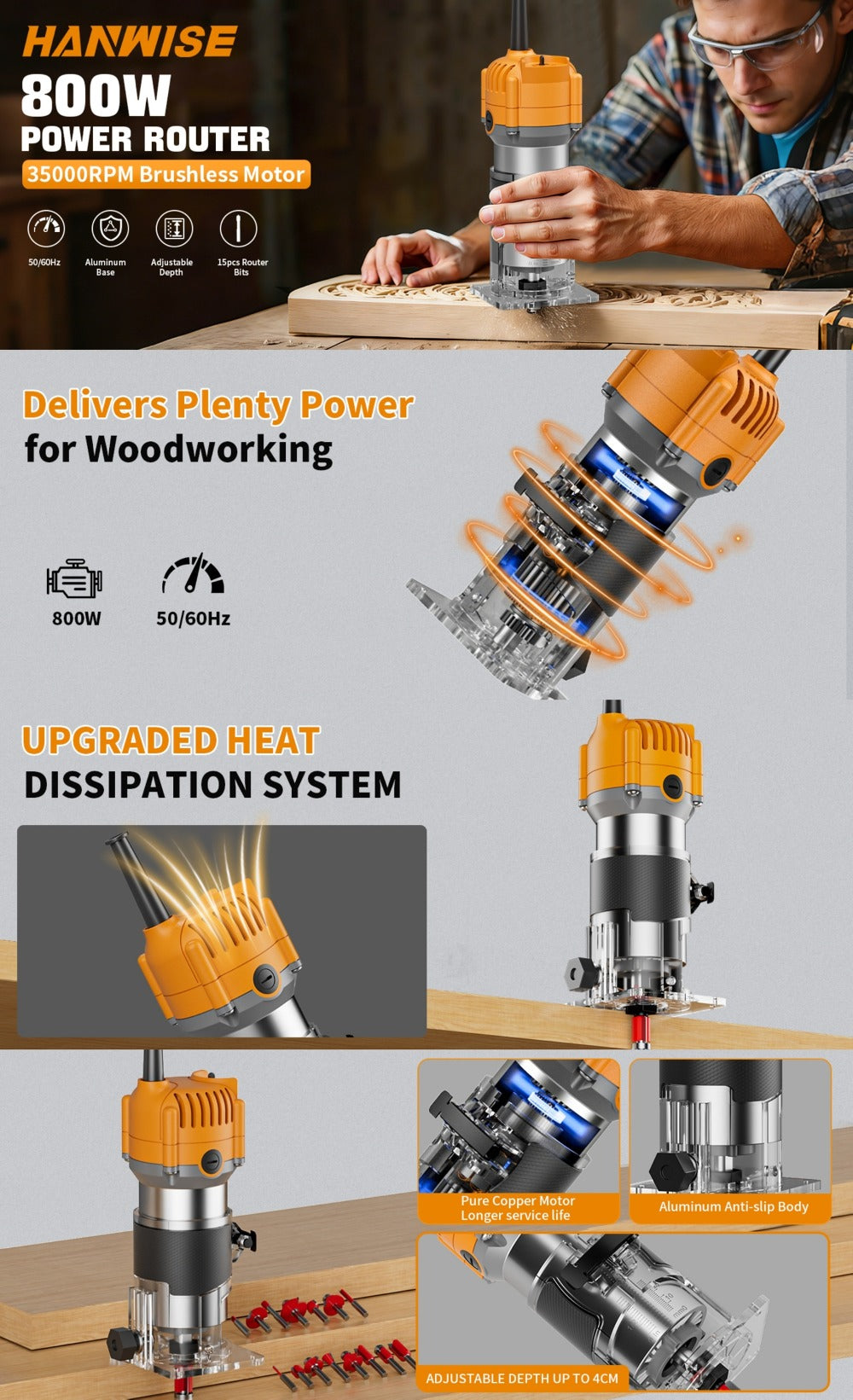 Wood Router Edge Trimmer 800W 6.1Amp Compact Hand Router Tool 35000RPM with Variable Speed, 1/4" Collet, Router Bit Set for Woodworking Slotting Carving Edge Treatment DIY Projects