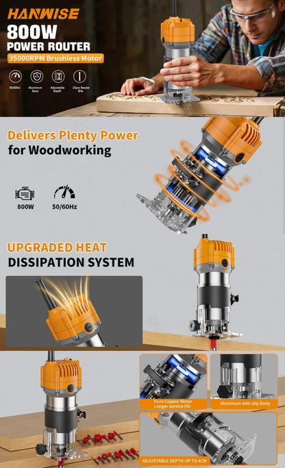 Wood Router Edge Trimmer 800W 6.1Amp Compact Hand Router Tool 35000RPM with Variable Speed, 1/4" Collet, Router Bit Set for Woodworking Slotting Carving Edge Treatment DIY Projects