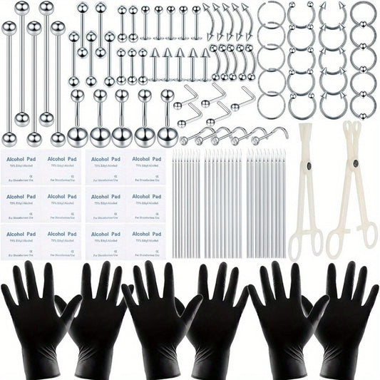 Professional Piercing Kit 120pcs – Complete Body Piercing Set with Stainless Steel Needles, Clamps, Gloves & Jewelry for Ear, Nose, Septum, Belly Button, Lip & Tongue