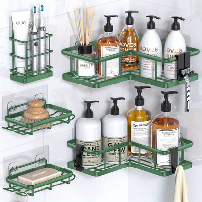 Five-Piece Corner Shower Caddy Set with Soap Holder and Four Removable Hooks in Seven Colors