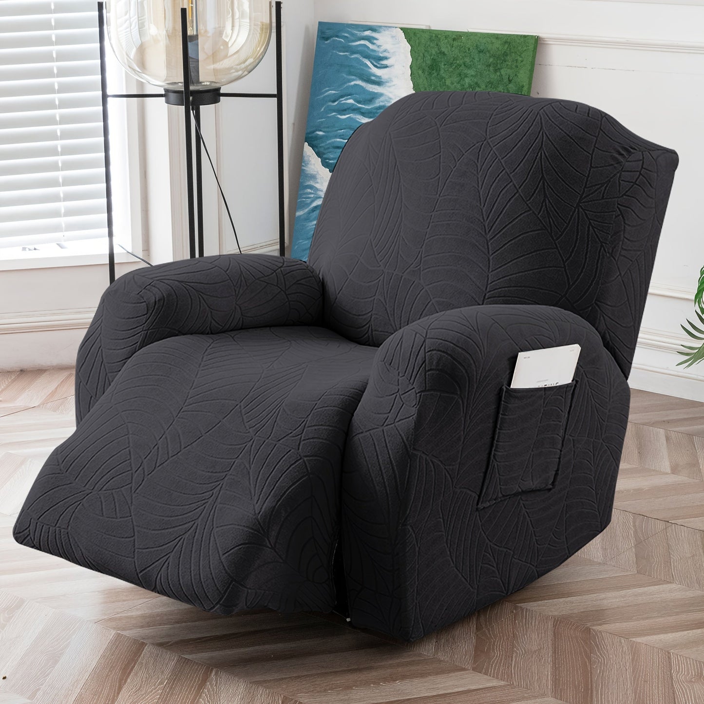 Four-Piece Recliner Chair Cover Set with Leaf Jacquard Pattern, Side Pocket and Six Color Options