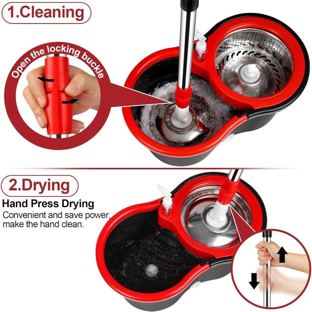 Spin Mop and Bucket with Wringer Set, 360° Spinning Mop System, 4 Microfiber Replacement Heads, Stainless Steel Adjustable Handle, Heavy-Duty Floor Cleaning Kit for Hardwood Tile Laminate Kitchen Bathroom