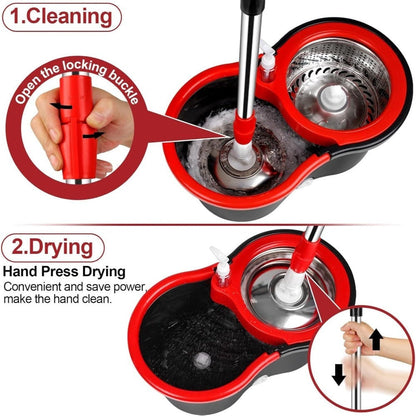 Spin Mop and Bucket with Wringer Set, 360° Spinning Mop System, 4 Microfiber Replacement Heads, Stainless Steel Adjustable Handle, Heavy-Duty Floor Cleaning Kit for Hardwood Tile Laminate Kitchen Bathroom