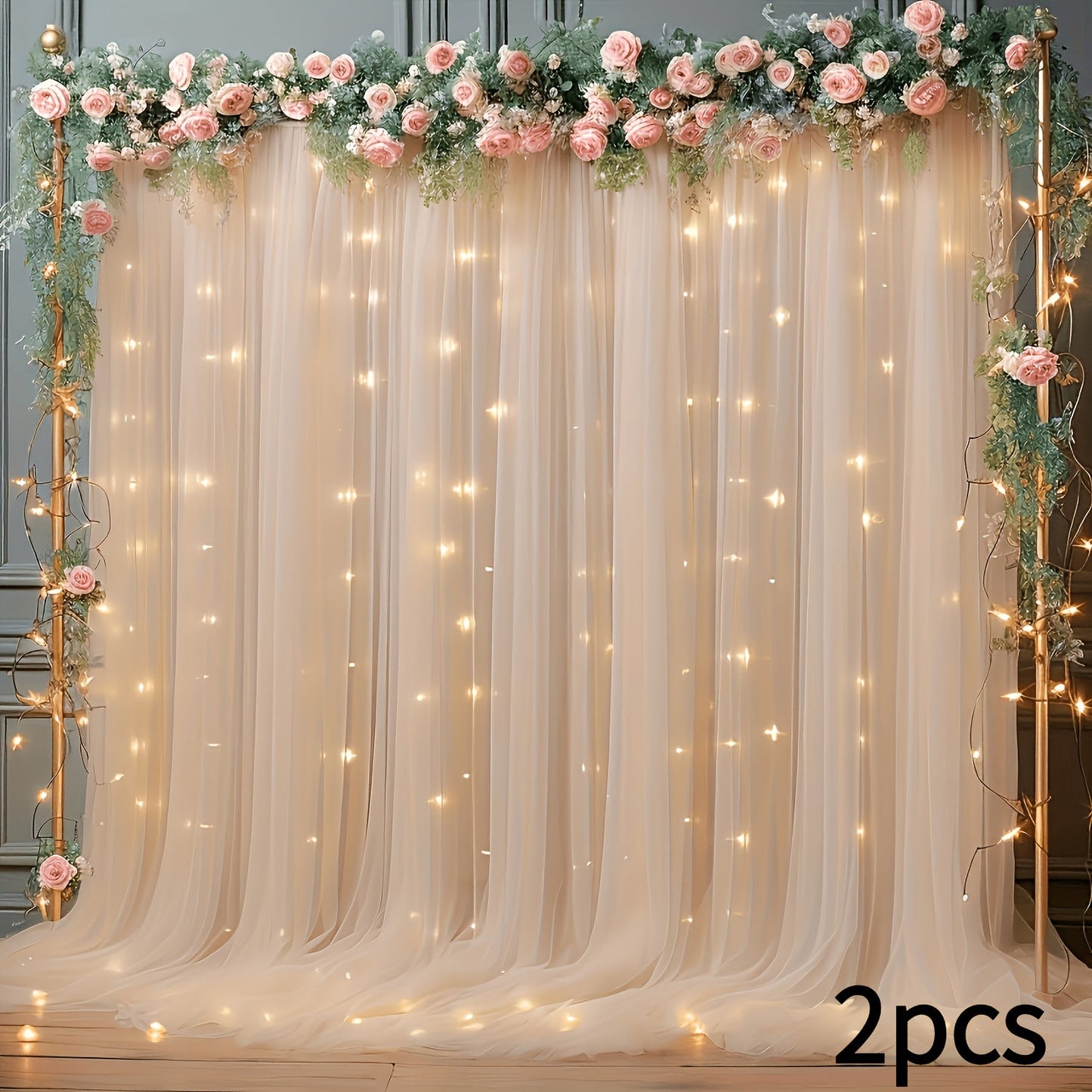 Champagne Tulle Photography Backdrop Set with Two Curtain Panels, USB String Lights and Ten Hooks