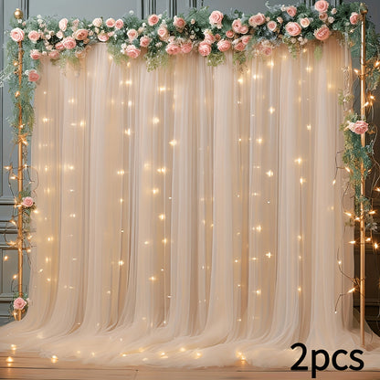 Champagne Tulle Photography Backdrop Set with Two Curtain Panels, USB String Lights and Ten Hooks