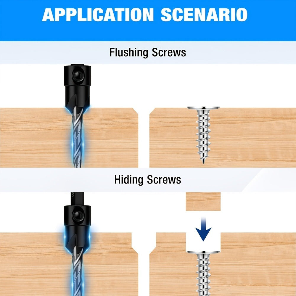 5pcs Countersink Drill Bit Set #4 #6 #8 #10 #12 Tapered with 1/4" Hex Shank Quick-Change – Adjustable Wood Counter Sinker Bits with Allen Wrench for Woodworking