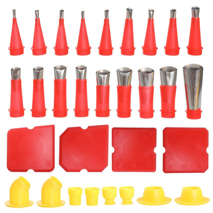 Thirty-Piece Red Caulking Finishing Tool Kit with Nozzle Tips, Connectors and Grout Scrapers