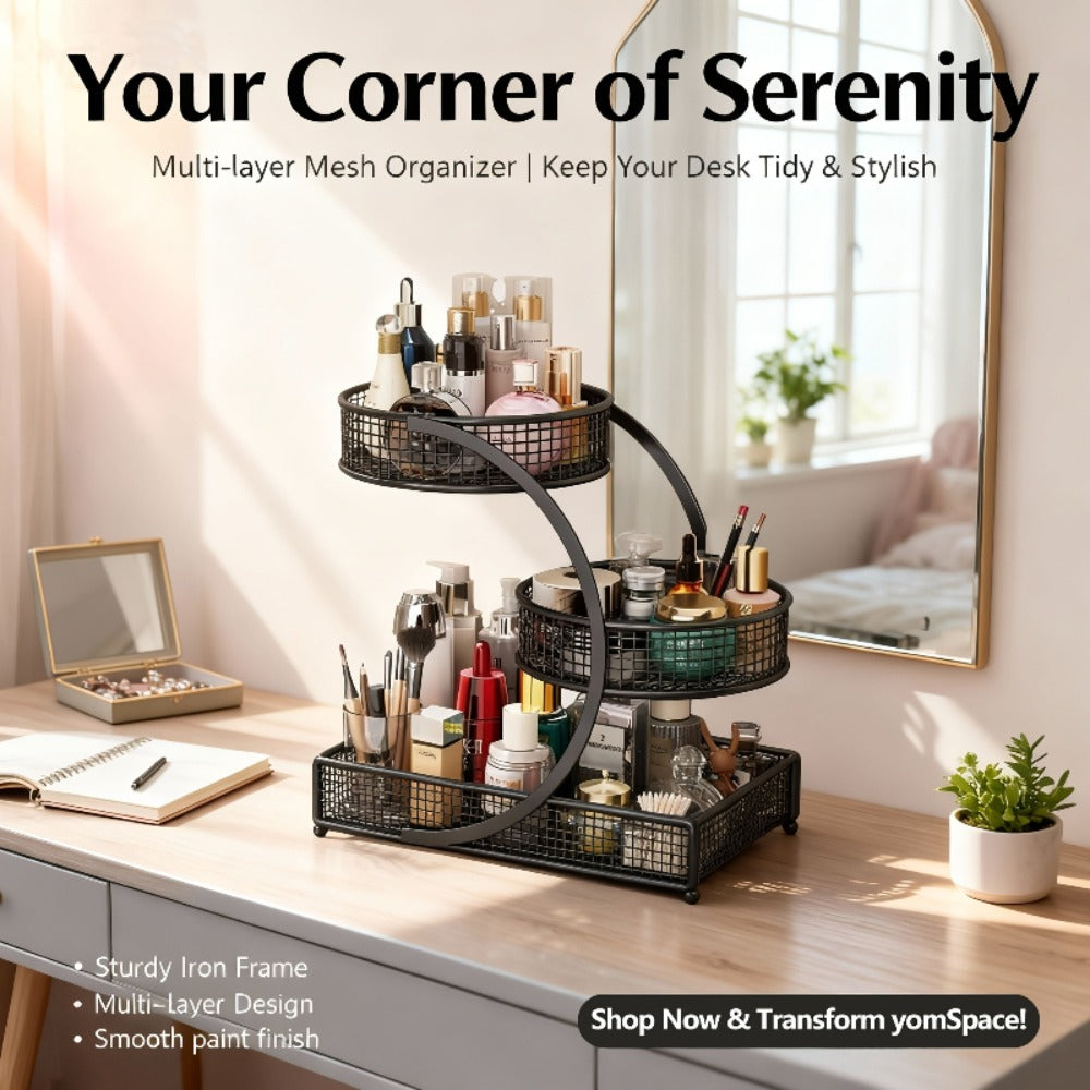 Three-Tier Metal Makeup Organizer with Round Baskets, Tissue Holder and White Iron Frame Design
