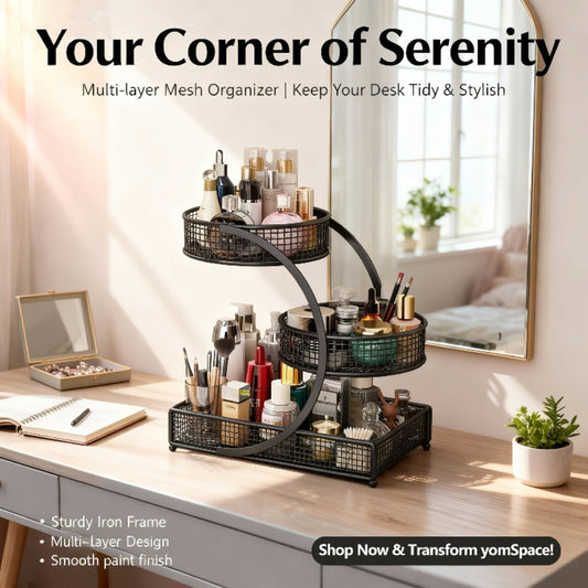 3-Tier Metal Makeup Organizer with Round Baskets Anti-Rust Vanity Storage Rack with Tissue Holder Space Saving Cosmetic Organizer Gift for Women