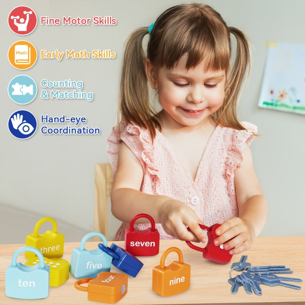 Ten-Piece Number Lock and Key Matching Set with Color-Coded Locks for Counting One Through Ten