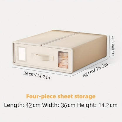 Bed Sheet Storage Organizer Boxes 4-Pack Foldable Fabric Bins with Clear Window & Label, Closet Bedding Storage Box for Sheets Duvet Covers Blankets Pillowcases, Oxford or Non-Woven, Grey Beige