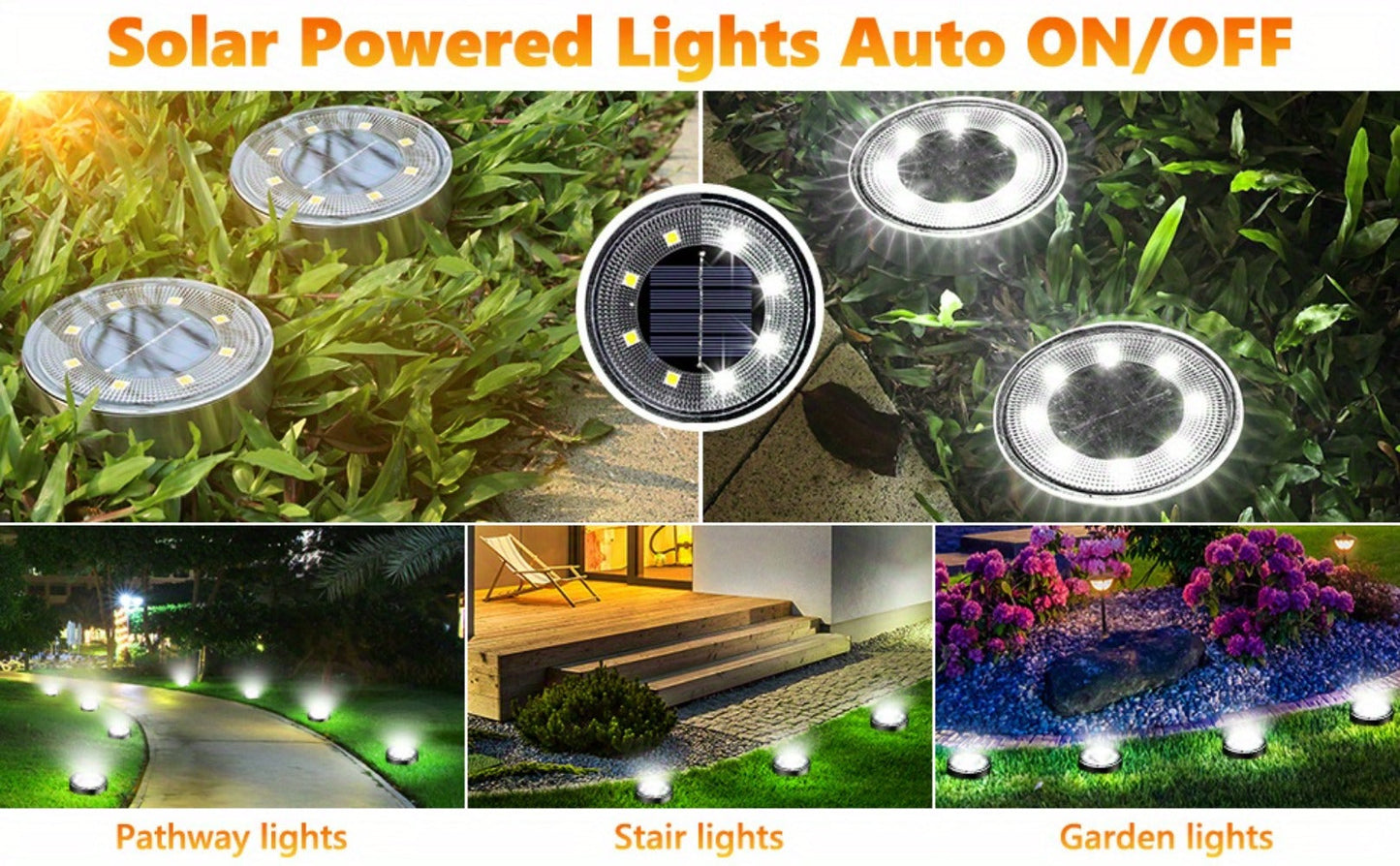 Solar Ground Lights 8 Pack 8-LED - Ultra Bright Semi-Recessed Outdoor Floor Lights for Garden Pathway Driveway Deck Staircase Pool, Warm White Dusk to Dawn Solar Step Lights Weatherproof