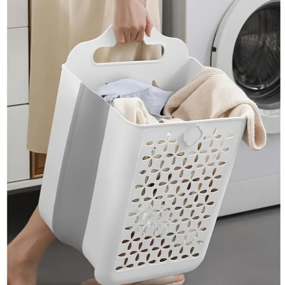 Foldable Laundry Basket Wall Mounted – No-Drill Plastic Storage Bin with Cutout Design for Clothes, Toys, Snacks & Fruits – Space-Saving Collapsible Organizer for Bathroom, Balcony & Bedroom