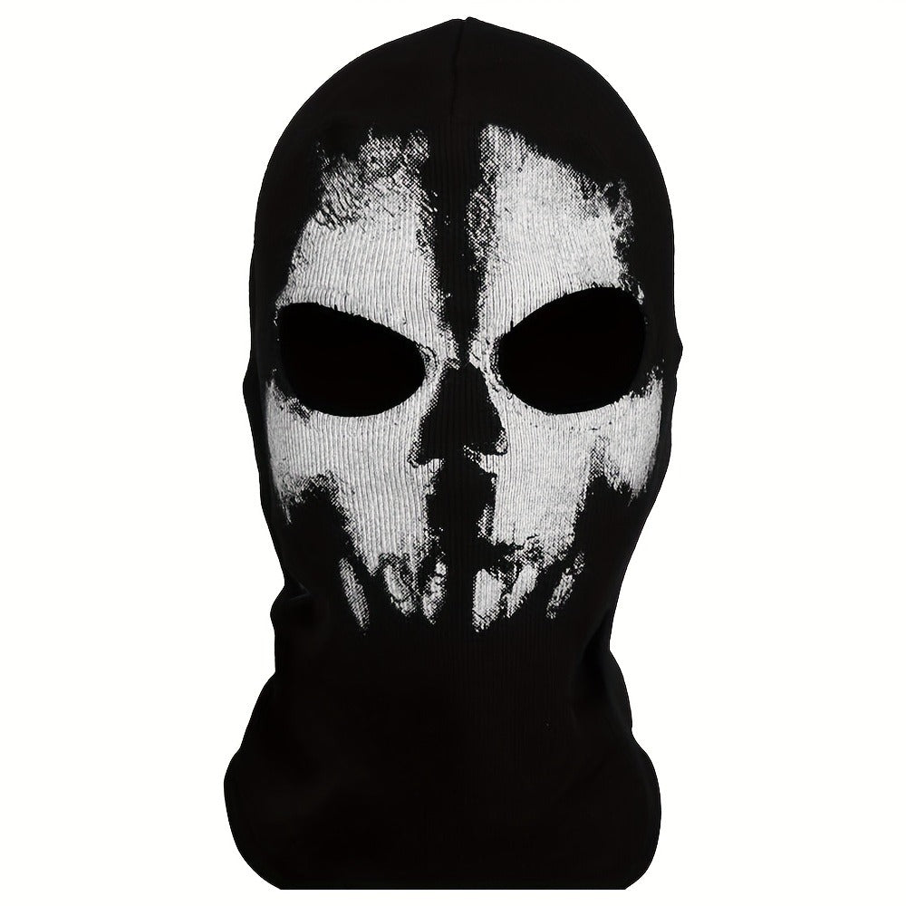 Printed Skull Balaclava Mask in Two Black Designs, Full-Face Stretch Fabric for Adult Costume Wear