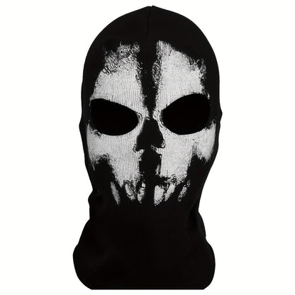 Printed Skull Balaclava Mask in Two Black Designs, Full-Face Stretch Fabric for Adult Costume Wear