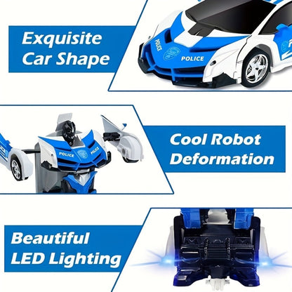 Remote Control Car, 1:18 Transforming Robot Model with Police or Spider Theme, One-Button Change, LEDs and 360° Drift
