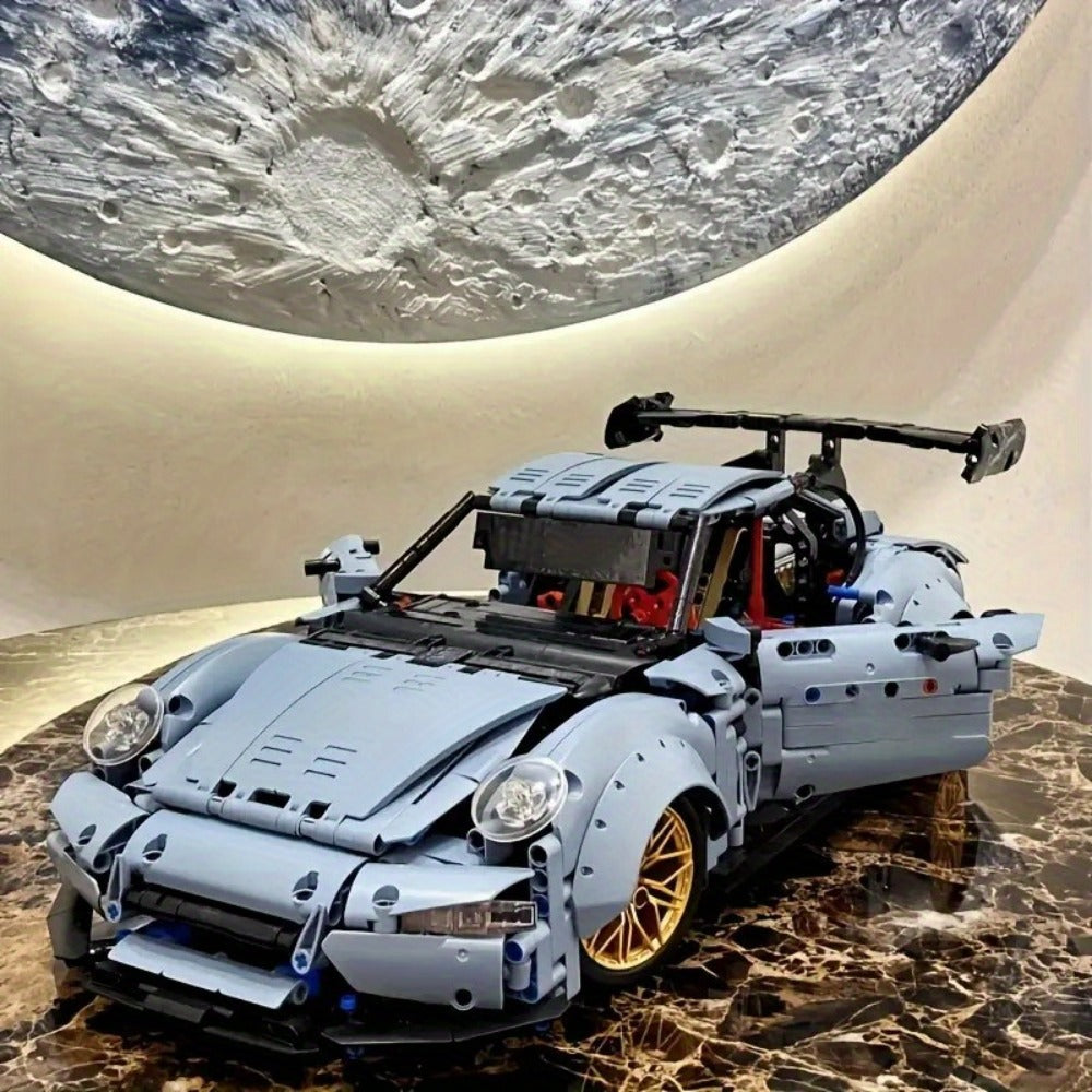 Misty Blue Lowrider Sports Car Building Block Model with 2,100 Pieces, Two Checkout Sets and Display Stand