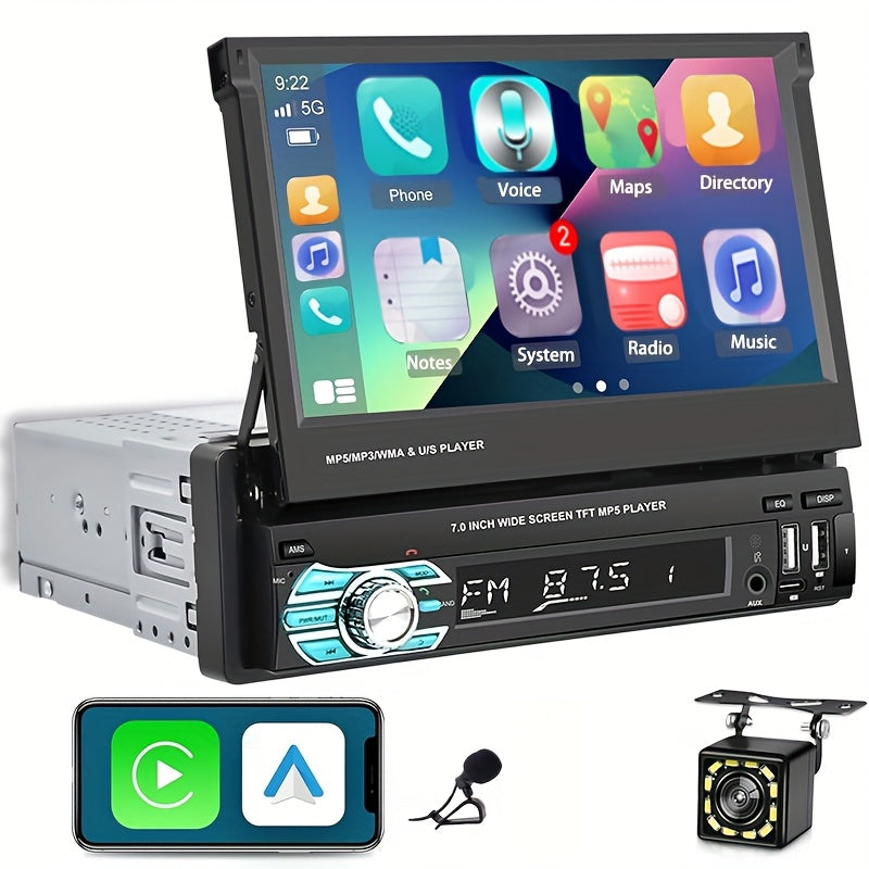 Single Din Car Stereo 7 Inch Flip Out Touchscreen - Wireless CarPlay & Android Auto, 1080P HD, FM Radio, SWC, Voice Control, USB/Type-C/AUX, Backup Camera Compatible