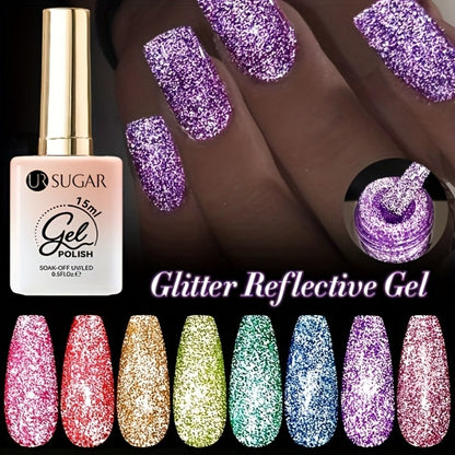 Gel Nail Polish – Reflective Glitter UR SUGAR 15ml Fluorescent Neon Shimmer UV LED Soak Off Semi Permanent Nail Art Varnish Manicure Set