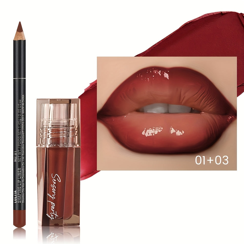 Lip Gloss Lip Liner Set Hydrating Water-Gloss Dewy Finish - 3D Precision Contour Matte Liner, for Makeup, Travel and Everyday Vanity Use