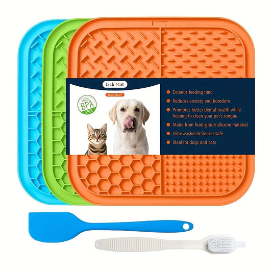 Lick Mat for Dogs & Cats 5-Pack with Suction Cups - Slow Feeder Licking Pad for Anxiety Relief & Boredom, Peanut Butter Treat Mat, Distraction Tool for Bathing Grooming, Orange Green Blue