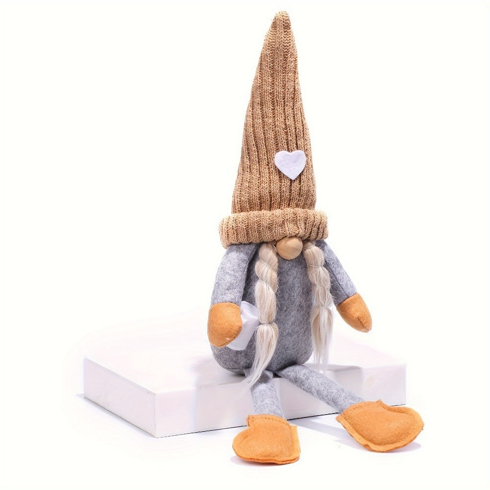 Sitting Gnome Figurine Set of Two with Long Heart-Accent Hats in Black, Khaki or Red Style Options