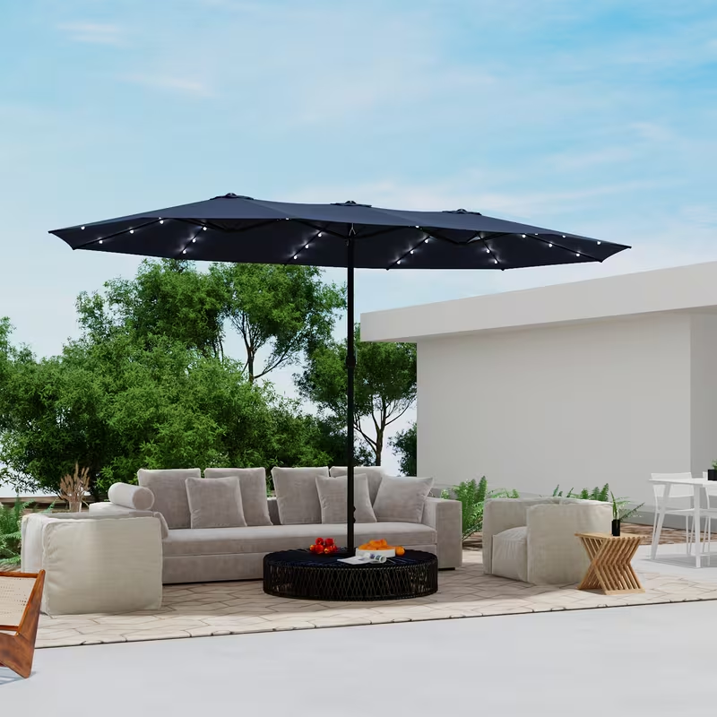 Large Patio Umbrella 15FT Double-Sided Rectangular with LED & Base