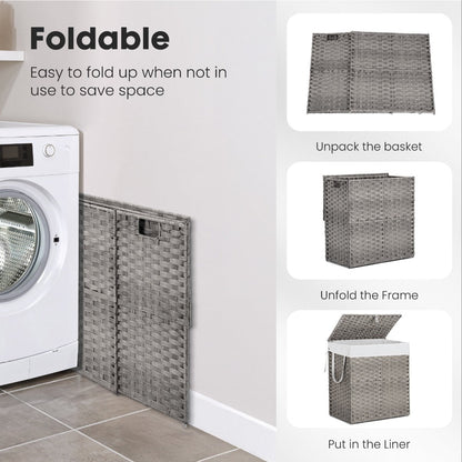 Woven Laundry Hamper with Hinged Lid, Removable Fabric Liner and Side Handles in Two Sizes and Brown or Gray