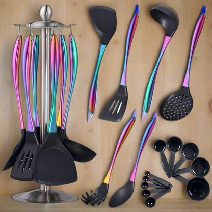 Silicone Cooking Utensils Set 17 Piece Rainbow Titanium with Rotating Holder - Heat Resistant Non-Stick Spatulas