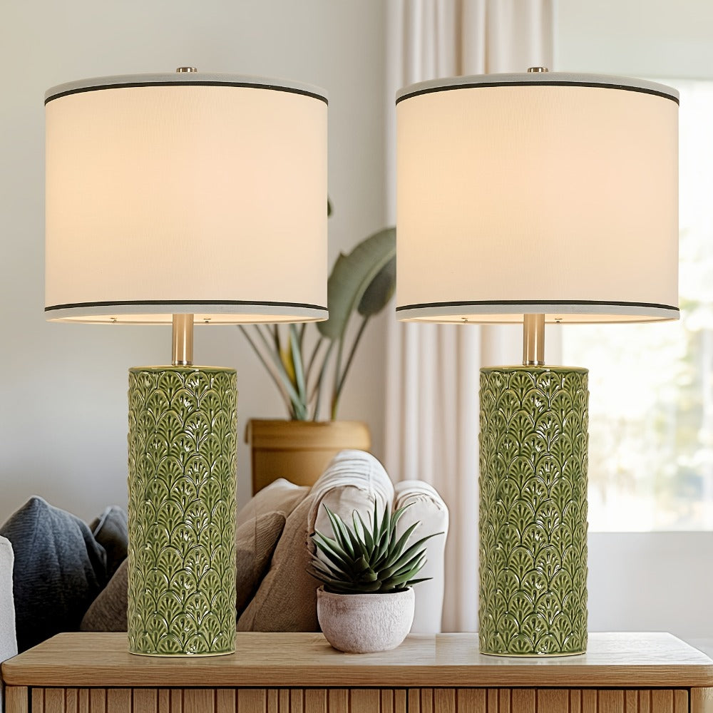 Ceramic Table Lamp – Modern Farmhouse Bedside Lamp with Drum Shade, 3 Color Temperature, Knob Switch, 9W LED Bulb Included, Rustic Nightstand Desk Light for Bedroom Living Room Office Dorm (Multiple Colors)