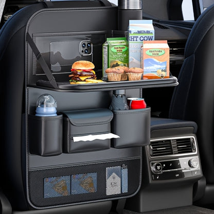 Car Seat Back Organizer PU Leather - Foldable Dining Table, Cup Holder, Multi-Pocket Storage Bag, Universal Fit Back Seat Travel Organizer for Kids & Passengers, 1pc or 2pc Set