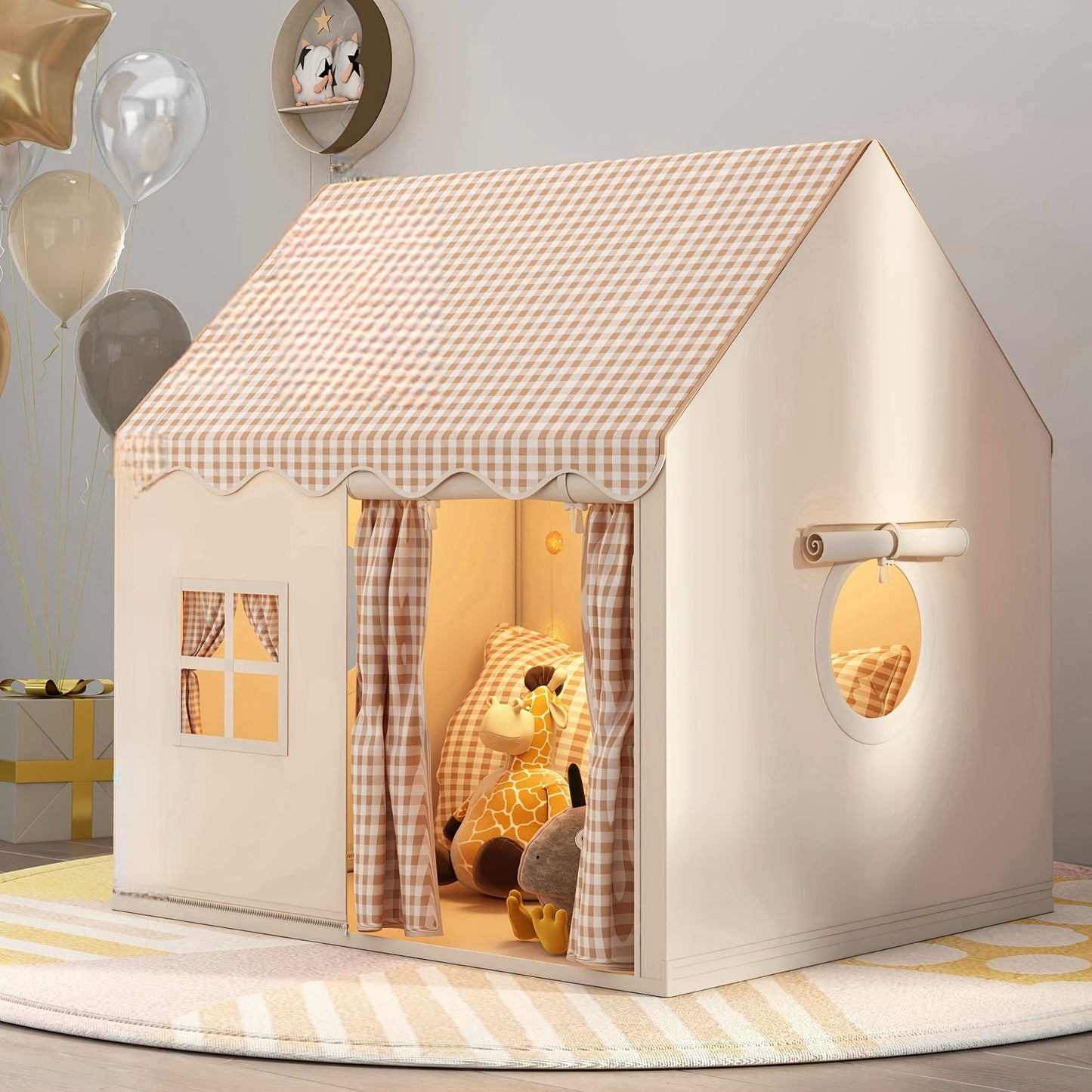 Checked Cabin Kids Play Tent in Pink, Khaki or Yellow with 130 x 120 x 100cm House Frame and Scalloped Roof