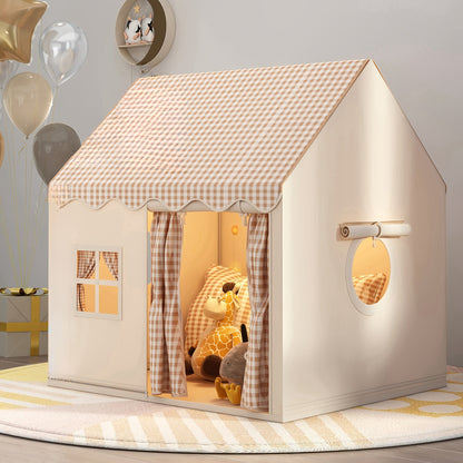 Checked Cabin Kids Play Tent in Pink, Khaki or Yellow with 130 x 120 x 100cm House Frame and Scalloped Roof