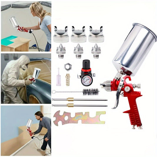 Gravity Feed Air Spray Gun Kit – 3 Nozzles (1.4/1.7/2.0mm), HVLP Auto Paint Gun for Car, Furniture & Wall Spraying (Red)