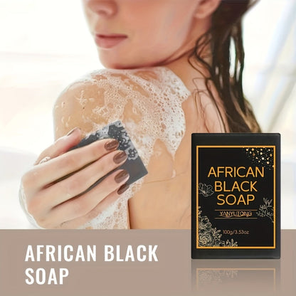African Black Bar Soap in Three- or Six-Bar Packs with 100g Labels and Coconut, Olive and Shea Ingredients
