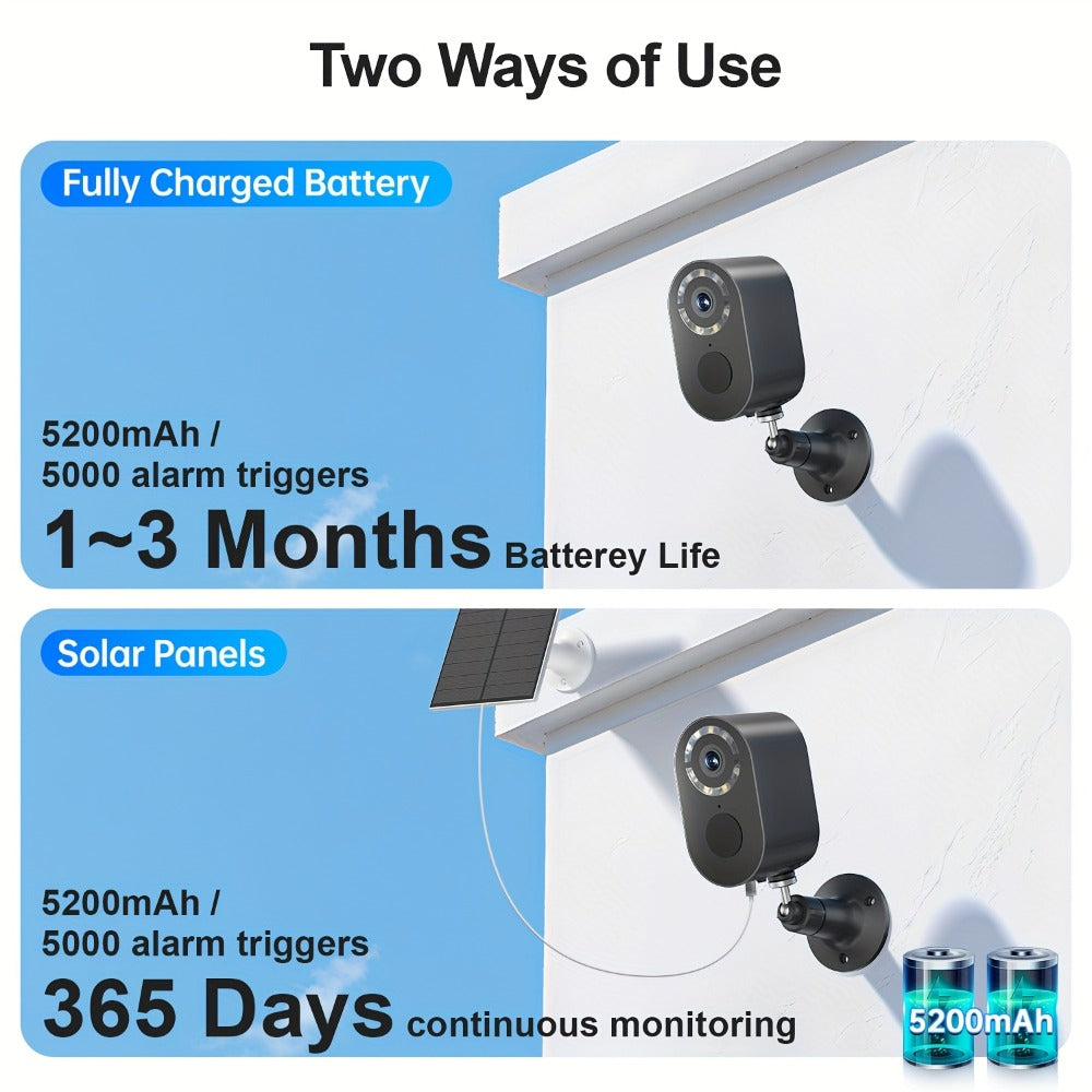 Security Camera 2K Solar Outdoor Model with Color Night Vision, Two-Way Audio, Human-Figure Alarm and Four Bundles
