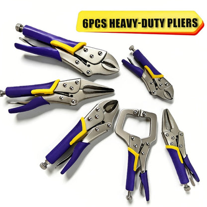 Locking Pliers Set 6pcs Heavy Duty, Includes Needle Nose Pliers 6.5" & 9.5", Curved Jaw Locking Pliers 5" 7" 10", C-Clamp L-Type Pliers with Roll Bag & Ergonomic Metal Handles for Auto, DIY & Workshop