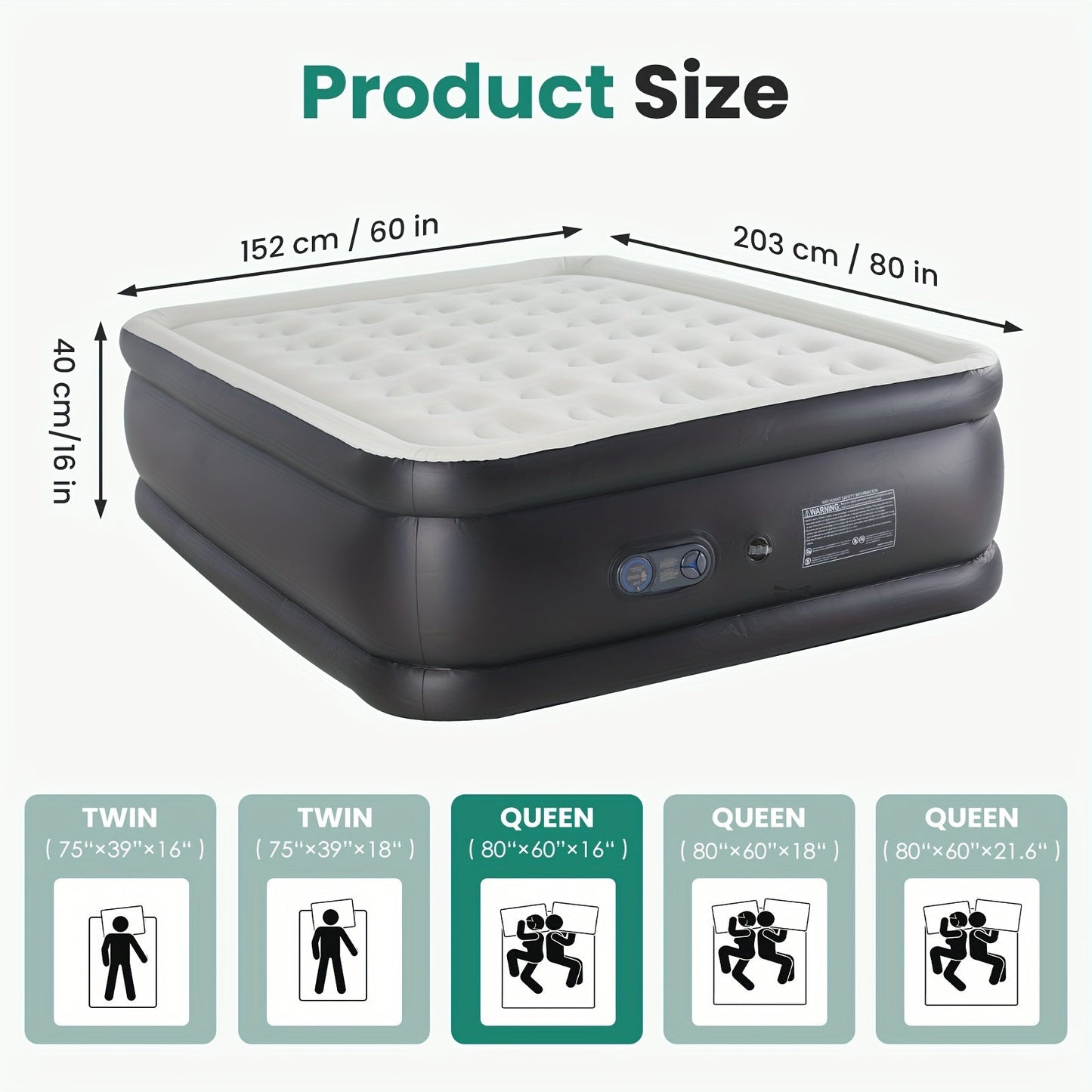 Air Mattress with Double-Height Profile and Side Inflation Panel in 75 × 39 or 80 × 60-Inch Options