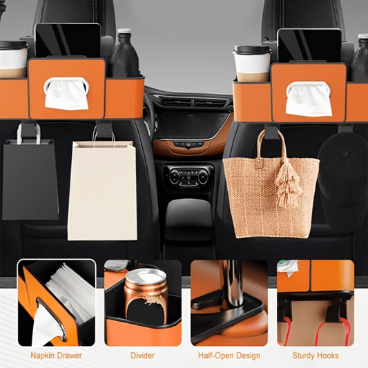 Car Backseat Organizer 8-in-1 – 2-Pack Multi-Function Hanging Storage with Cup Holders & Napkin Drawer, Large Capacity Back Seat Organizer for Family Trips | Black & Beige