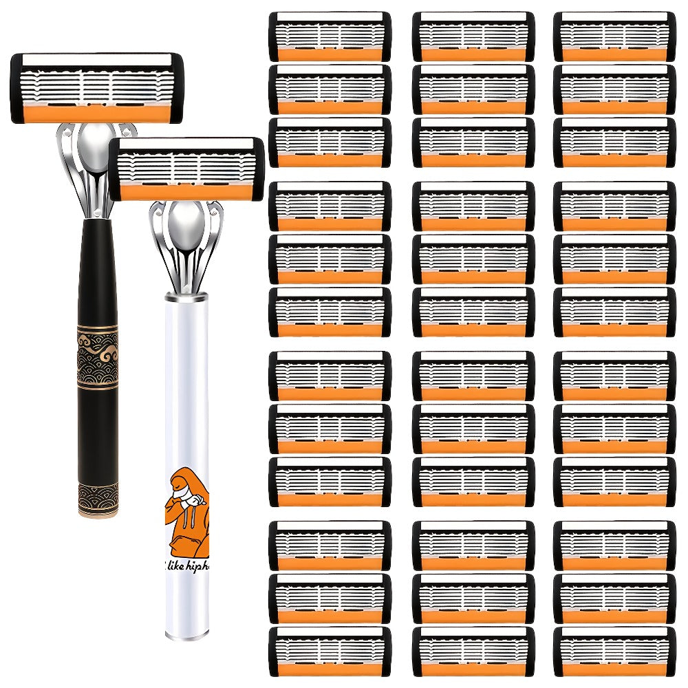6-Layer Blade Men's Razor Set with Lubricating Strip 2 Handles & 36 or 72 Replacement Blades – Smooth Close Shave Contour-Fitting Ergonomic Manual Shaver for Men Daily Grooming