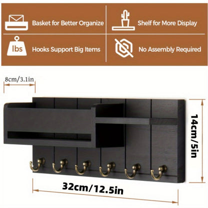Wall Mounted Storage Rack with Mail Slot – Rustic Wood Floating Shelf with Hooks for Keys, Hats & Envelopes, Decorative Organizer for Entryway, Porch, Bedroom, Bathroom & Living Room