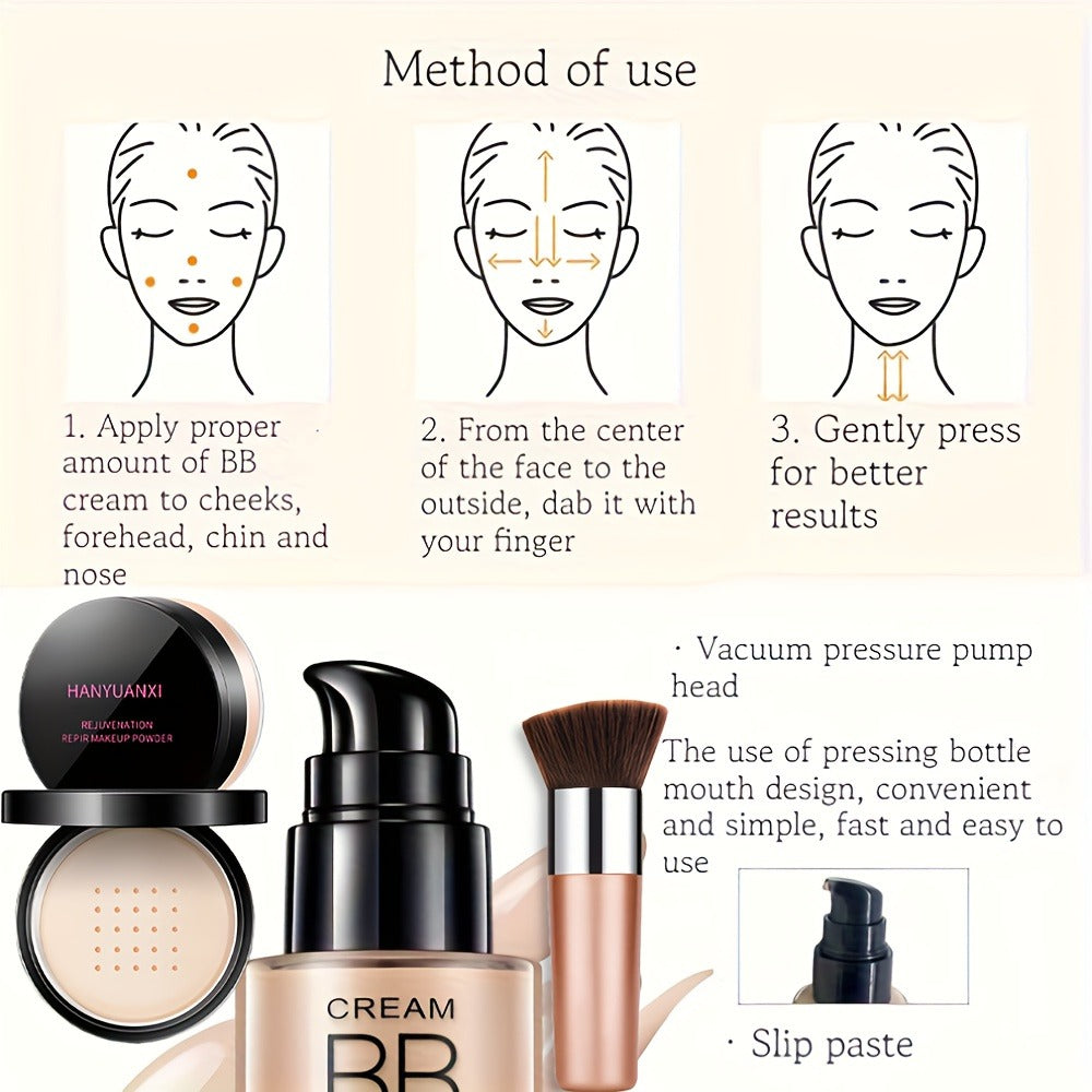 BB Cream Makeup Kit with Powder, Brush and Sponge in Three Exact Numbered Shade Options for Face Makeup