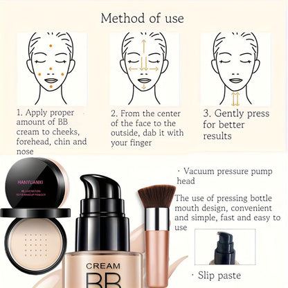 BB Cream Makeup Kit with Powder, Brush and Sponge in Three Exact Numbered Shade Options for Face Makeup