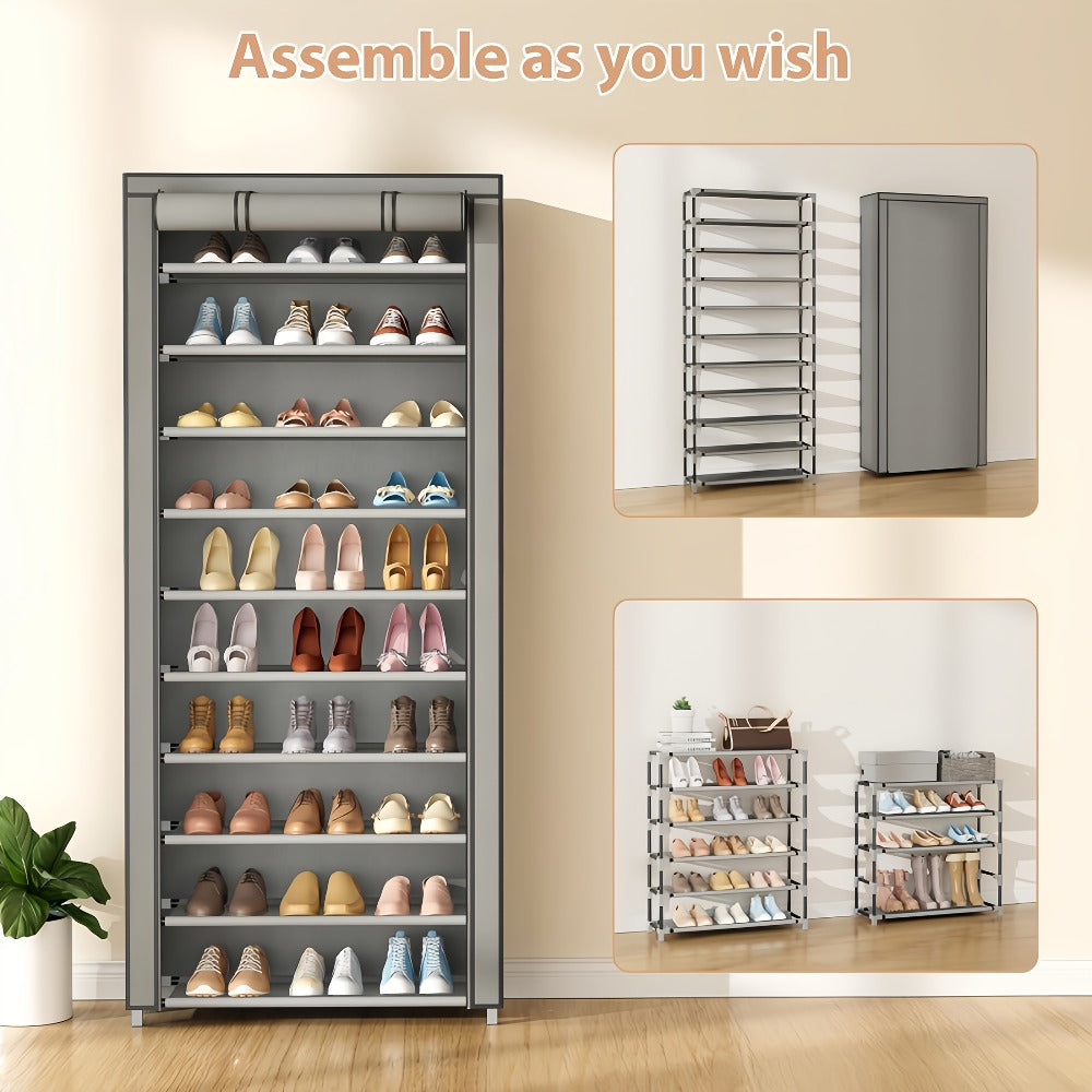 Shoe Rack with Dust Cover – 6/8/10 Tier High-Capacity Space Saving Shoe Organizer, Easy Assembly, 12mm Pipe, Entryway Closet & Wardrobe Storage Rack